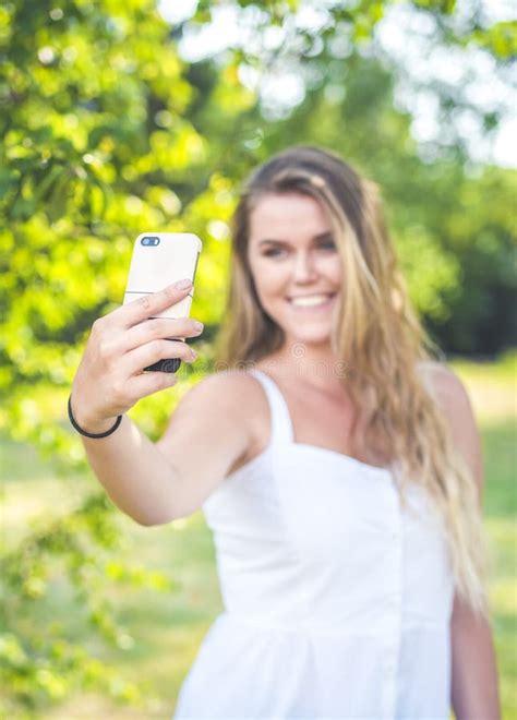 Pretty Young Female With Big Smile Are Taking Selfie Oudoor Stock