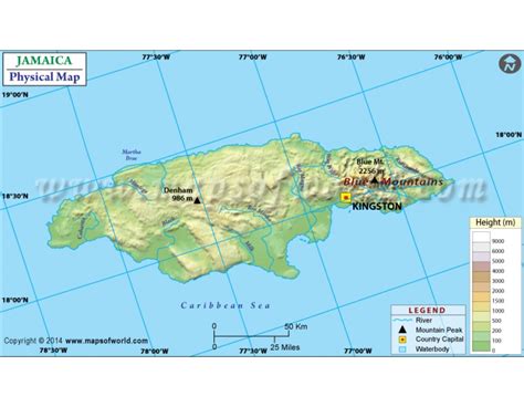 Buy Printed Jamaica Physical Map