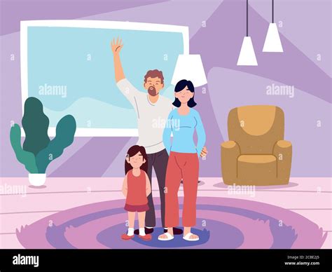 Madre Padre E Hija Dibujos Animados En El Diseño De La Sala De Casa