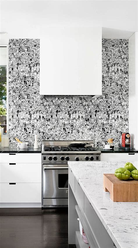 Contemporary Kitchen Black And White Printed Backsplash The Choice Of