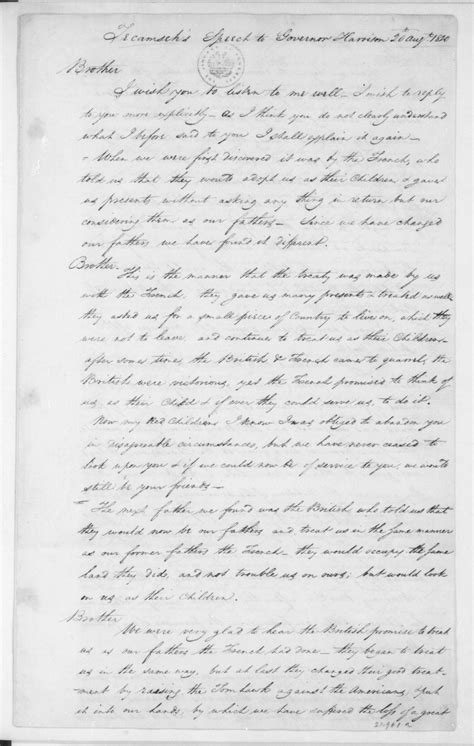 Image 1 Of Tecumseh To William Henry Harrison August 20 1810 Copy Of