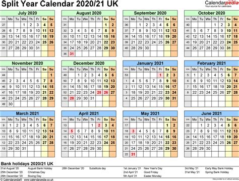 Split Year Calendars 202021 Uk July To June For Word