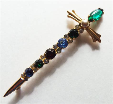 Vintage Signed Coro Sterling Muti Color Rhinestone Faux Pearl Sword Pin