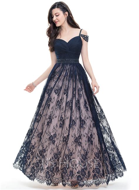 Ball Gown Sweetheart Floor Length Lace Prom Dresses With Ruffle Beading