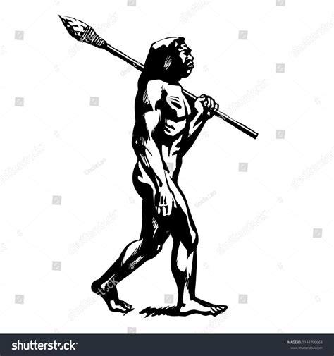 Caveman Walking With Stone Spear Black And White Sketch Of Neanderthal
