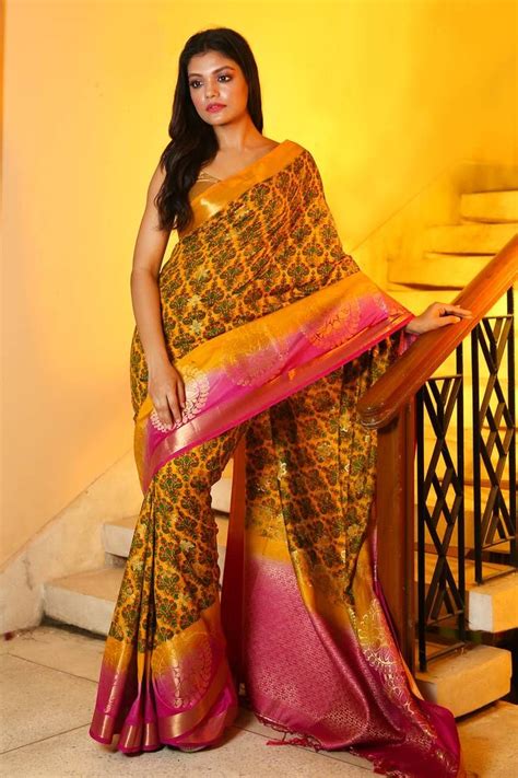 Yellow Printed Dupion Silk Saree With Magenta Zari Border And Pallu