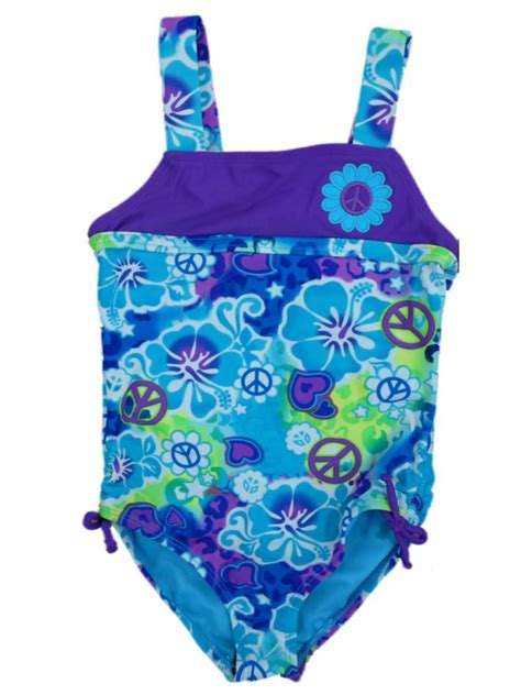 Angel Beach Girls Blue And Purple Flower Swimming Suit Swim Bathing Suit