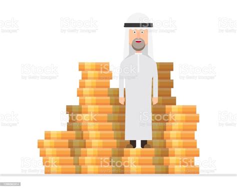 Arab Businessman Standing On A Huge Pile Of Money Stock Illustration