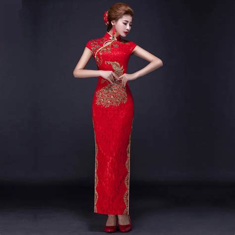 Chinese Traditional Dress Party Dresses Red Lace Bride Cheongsam Short