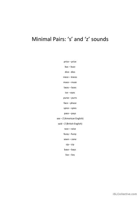 Minimal Pairs Pronunciation Of S A English Esl Worksheets Pdf And Doc