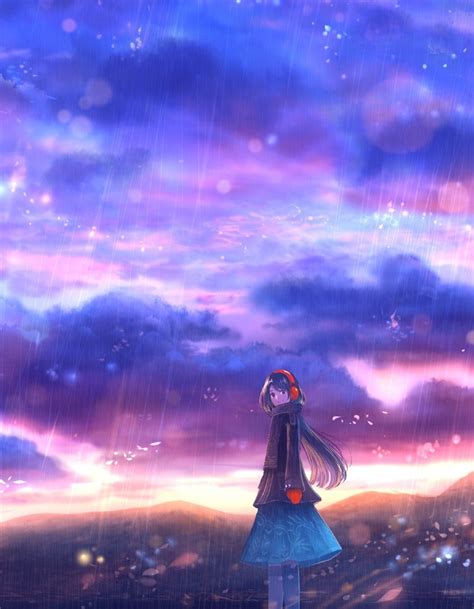 Download Wallpaper 840x1336 Rain Clouds Colorful Sky Anime Girl