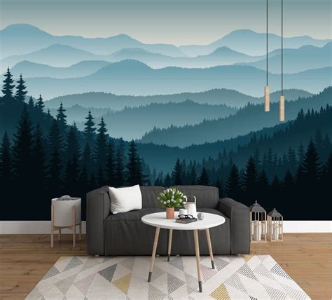 3d Mountain Mural Wallpaper Ombre Blue Mountain Pine Forest Etsy Map