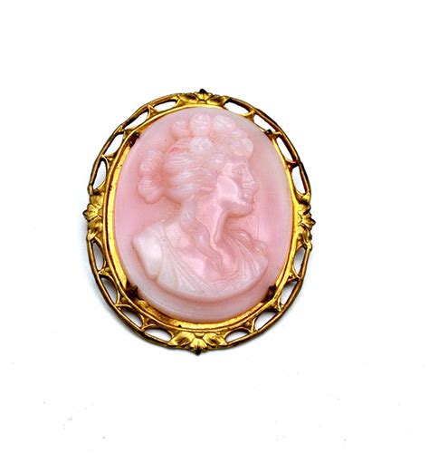 Pink Cameo Brooch Molded Glass Women Profile Gold Plated C Etsy In
