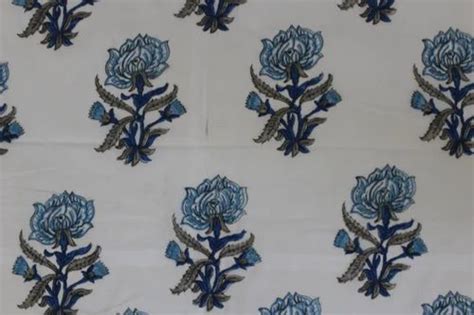 Creamblue Cotton Indian Floral Hand Block Print Fabric For Garments