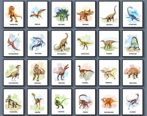 24 Dinosaur With Names Poster Dinosaur Types Decor Watercolor - Etsy