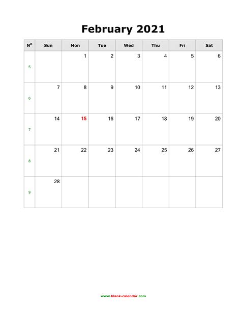 Download February 2021 Blank Calendar Vertical