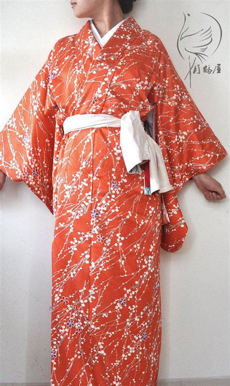 Authentic Japanese Silk Kimono Long Robe Vintage Coral Red Maxi Kimono