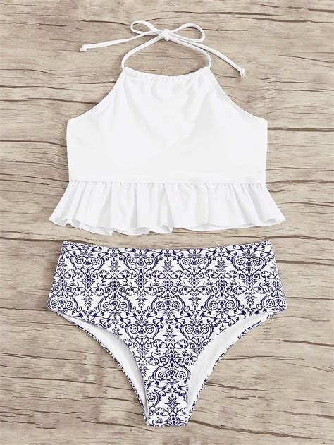 White Ruffle Trim Halter Top Swimsuit Blue Porcelain Print Bikini