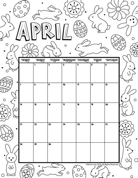 April 2019 Coloring Calendar April Calendar Coloring
