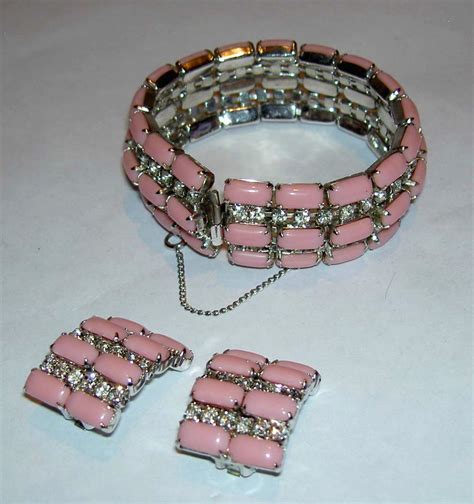 Vintage Kramer Of New York Pink Milk Glass Rhinestone Bracelet Earrings