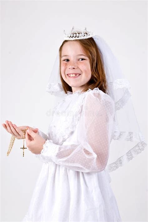 Young Girl Praying In First Communion Attire Stock Photo Image Of