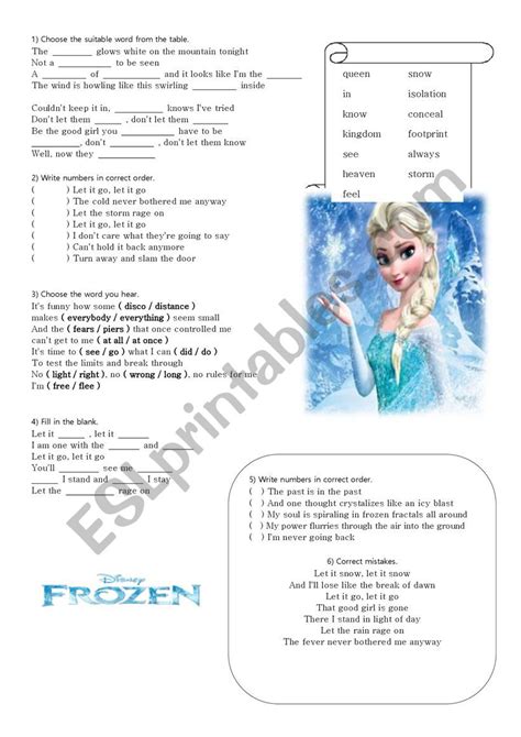 Let It Go Worksheet From The Movie Frozen Esl Worksheet By Oolaura Kimoo