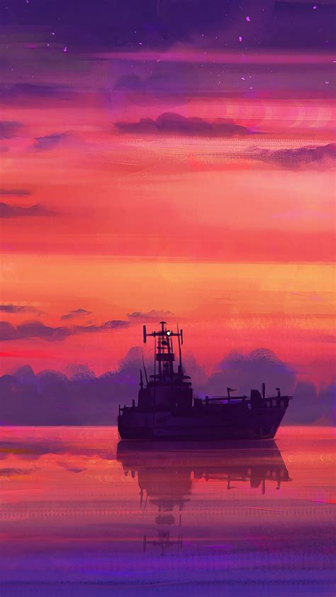 Download Wallpaper 1350x2400 Ship Art Sea Sunset Horizon Sky