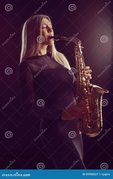 Female Jazz Musician Performing On Saxophone Stock Image Image Of