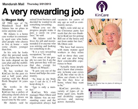 Bill A Kincare Home Care Worker In The Wa Mandurah Mail Educational Assessment Home Care