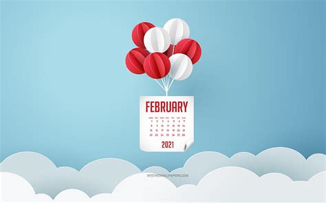 2021 February Calendar Blue Sky White And Red Balloons February 2021