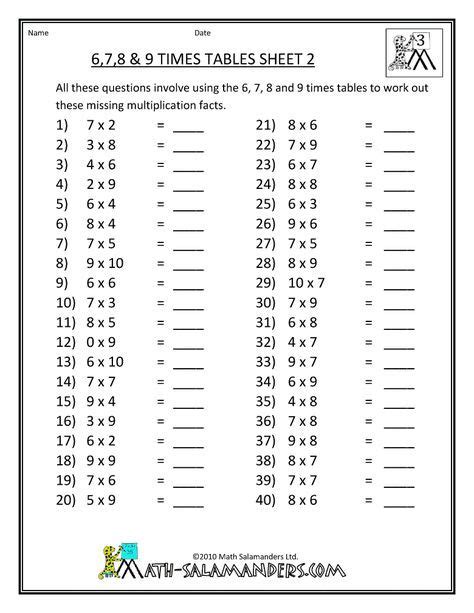 Multiplication 6 7 8 Worksheet