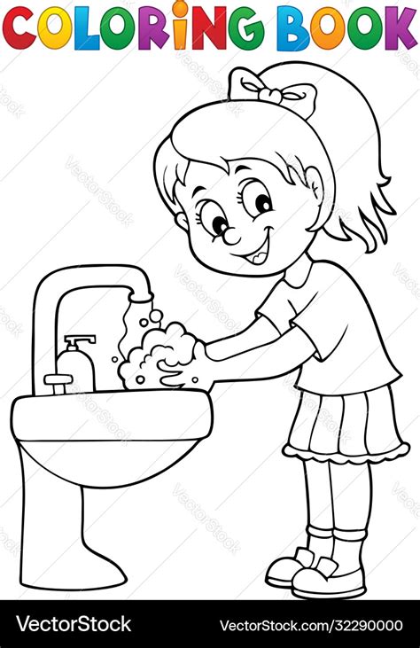 Coloring Book Girl Washing Hands Theme 1 Vector Image
