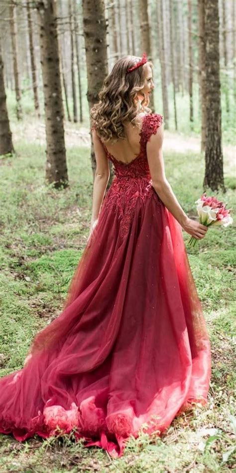 Red Wedding Dresses A Line Low Back Lace Country Roses And Rings