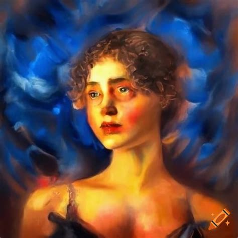 Abstract Oil Painting Of A Girl Wearing A Cloud Suit With Fire On Her