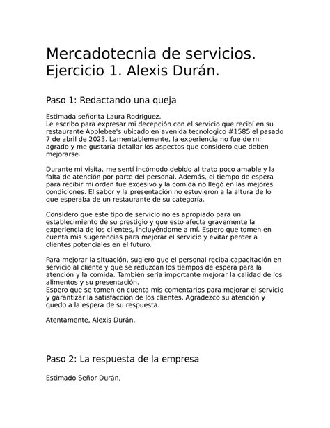 Ejercicio 1 Mercadotecnia De Servicios Ejercicio 1 Alexis Durán