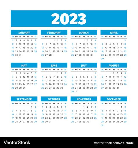 2023 Calendar With Weeks Start On Sunday Vector Image
