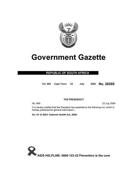 National Health Act 61 Of 2003 Government Gazette Republic Of South Africa Vol 469 Cape Town