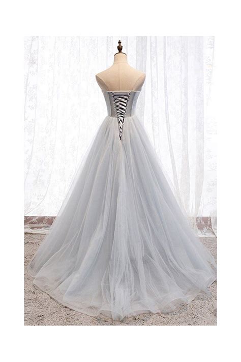 Strapless Silver Sequins Ballgown Tulle Prom Dress Grey 128579