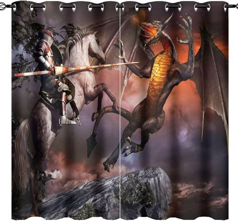 Fantasy Retro Knights Print Curtains Mystical Mid Century