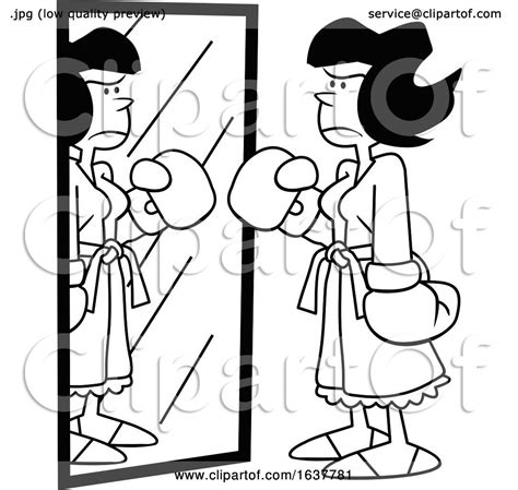 Cartoon Black And White Tough Woman Wearing Boxing Gloves In Front Of A