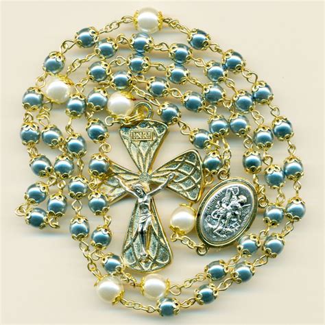 Handmade Blue Pearl Gold Saint Michael The Archangel Rosary Blue