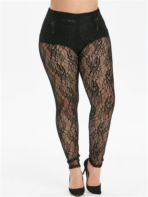 29 OFF 2021 High Waisted Openwork Lace Plus Size Leggings In BLACK