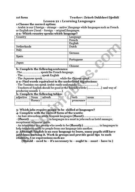 Learning Languages Leson21 1st Form Esl Worksheet By Jedzed