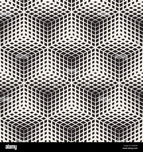 Vector Seamless Black And White Halftone Geometric Cubes Pattern Stock