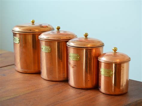 Set of 3 kitchen tools. Vintage Copper Canisters, Set of 4 kitchen canisters with ...
