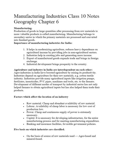 Manufacturing Industries Class 10 Notes Geography Chapter 6 Pdf