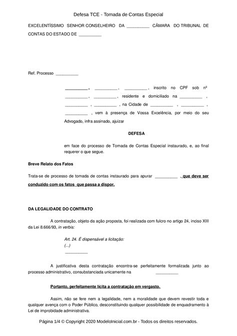 Modelo Defesa Tce Tomada De Contas Especial