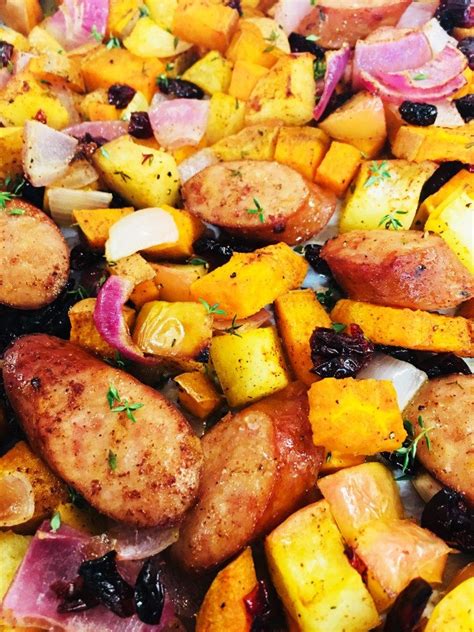The classic sausage and cabbage combo is lightened up with some apples and red wine vinegar. One Pan Chicken Sausage Sweet Potatoes and Apples | Chicken sausage recipes, Sweet potato and apple