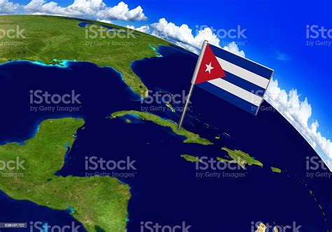 Flag Marker Over Country Of Cuba On World Map Stock Photo Download