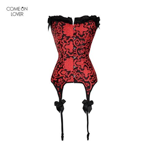 Comeonlover Red Corset Top With Garterbelt Women Sexy Overbust Bustier Lingerie Vintage Lace Up